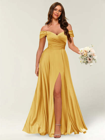 Floor Length Off the Shoulder Long Formal Dresses with Split Side Ruched