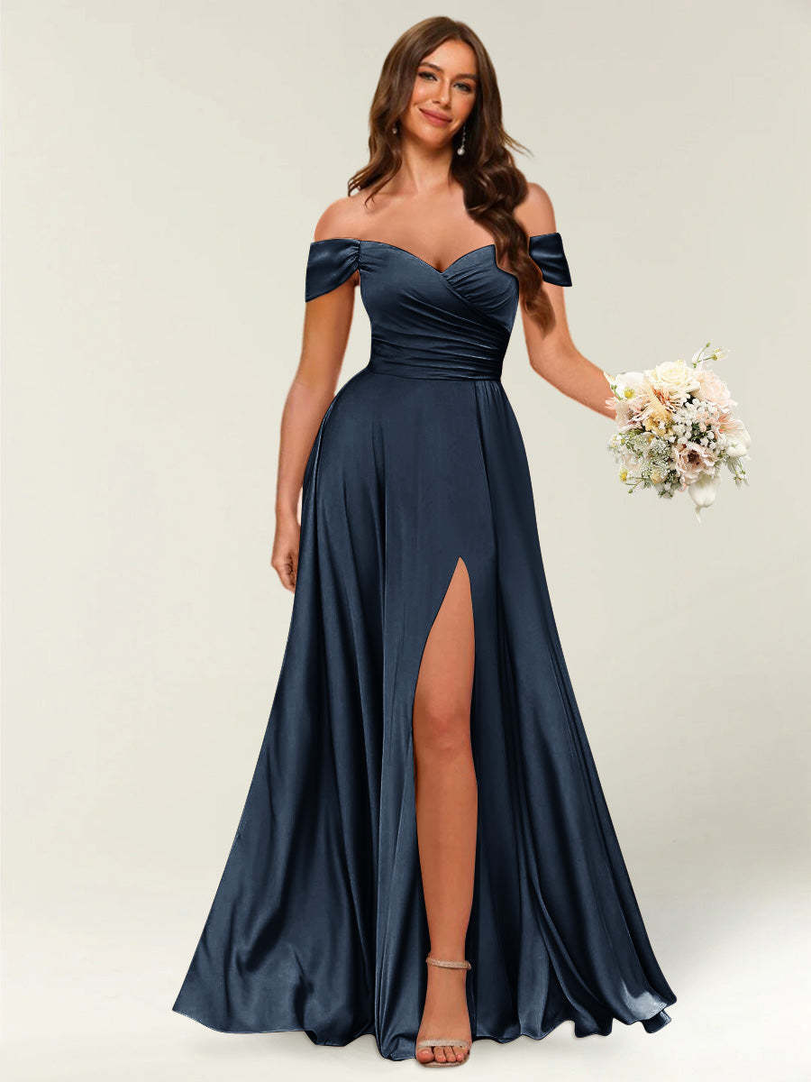 Floor Length Off the Shoulder Long Formal Dresses with Split Side Ruched