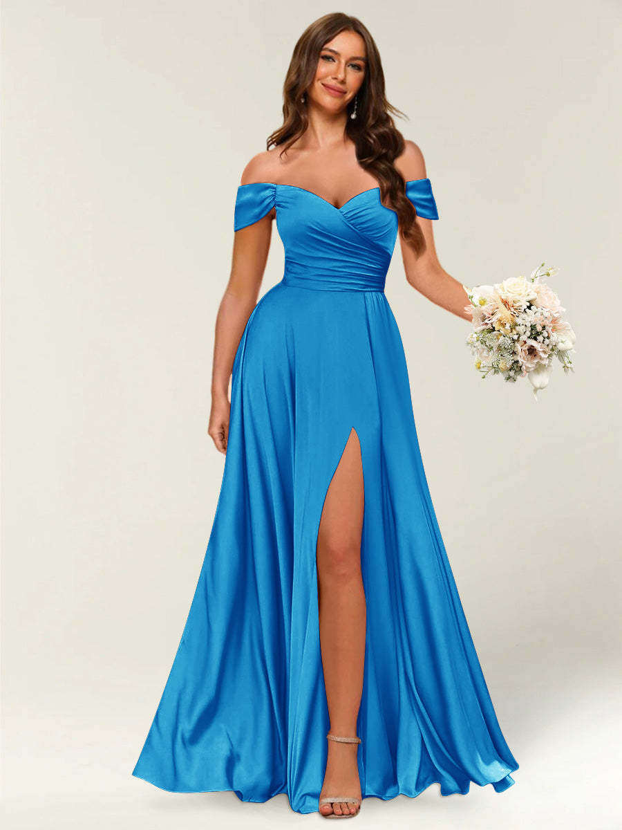Floor Length Off the Shoulder Long Formal Dresses with Split Side Ruched