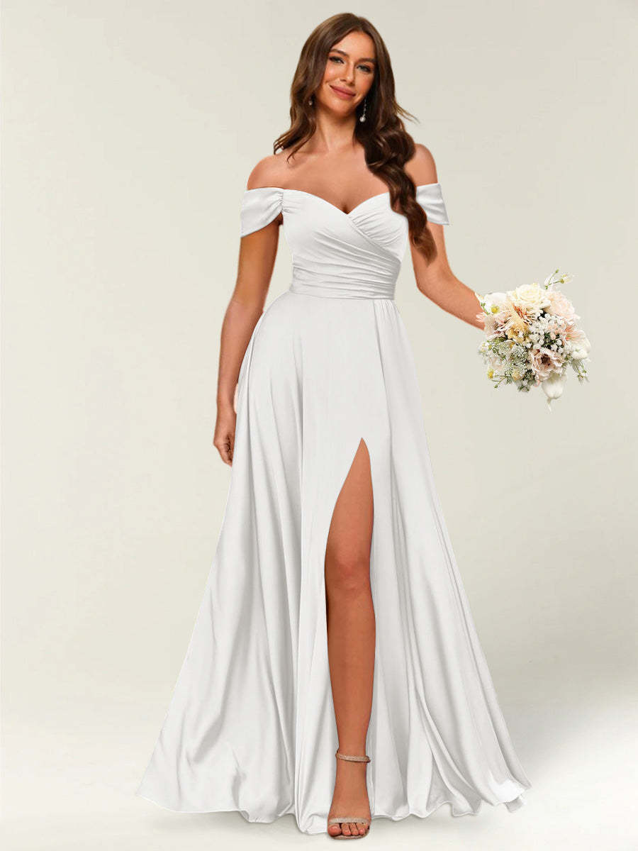 Floor Length Off the Shoulder Long Formal Dresses with Split Side Ruched