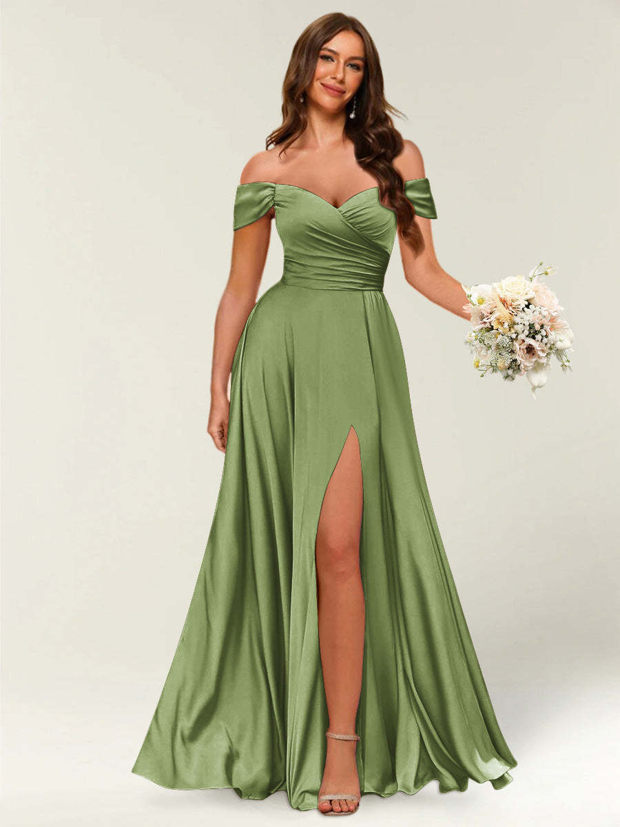 Floor Length Off the Shoulder Long Formal Dresses with Split Side Ruched