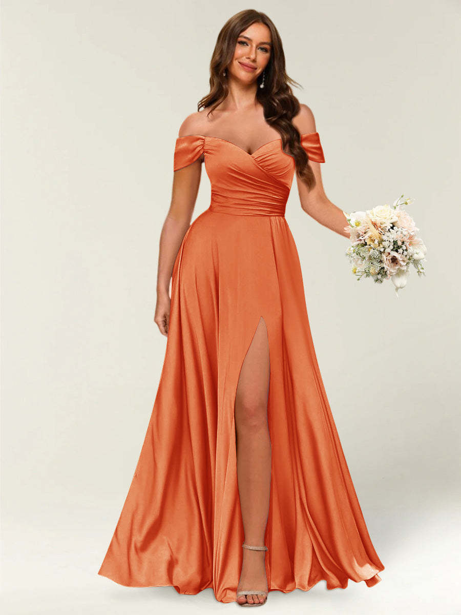 Floor Length Off the Shoulder Long Formal Dresses with Split Side Ruched
