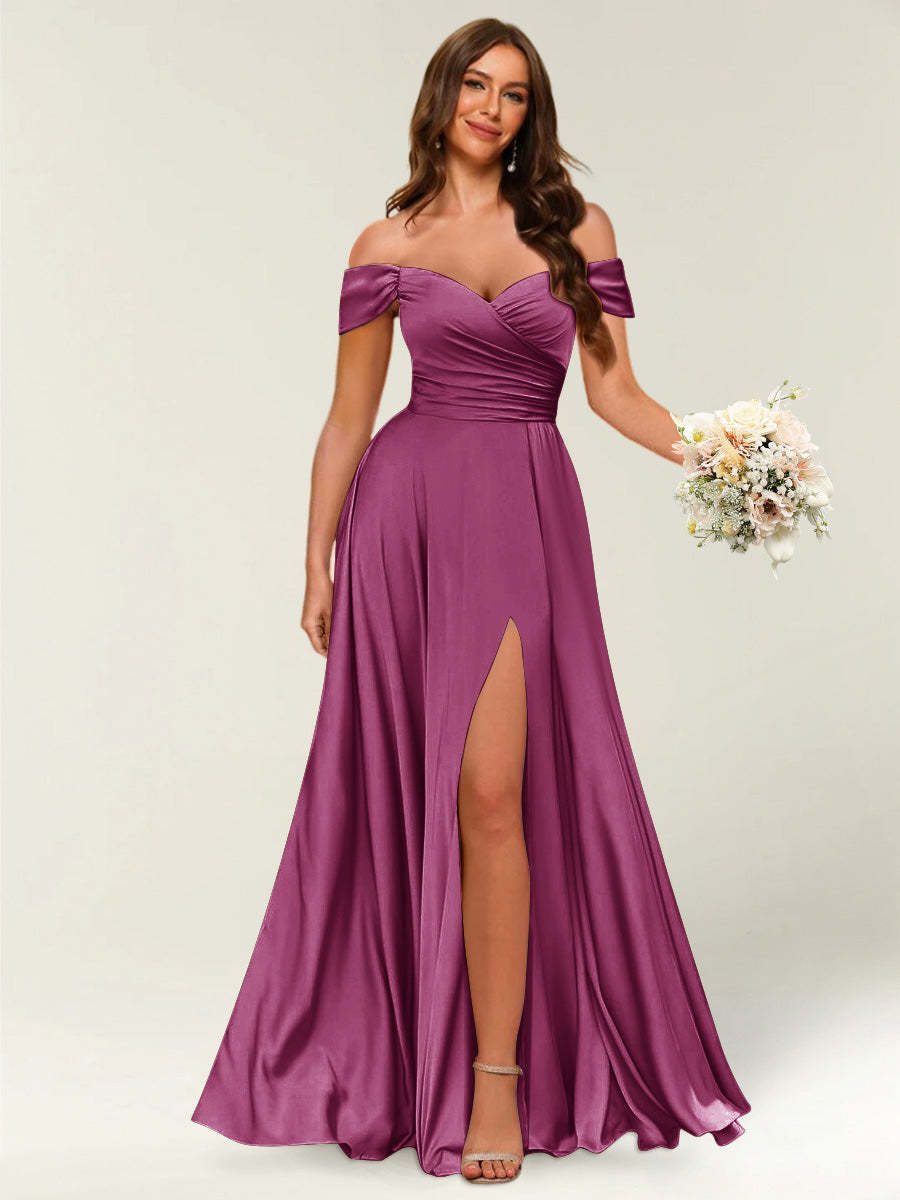 Floor Length Off the Shoulder Long Formal Dresses with Split Side Ruched