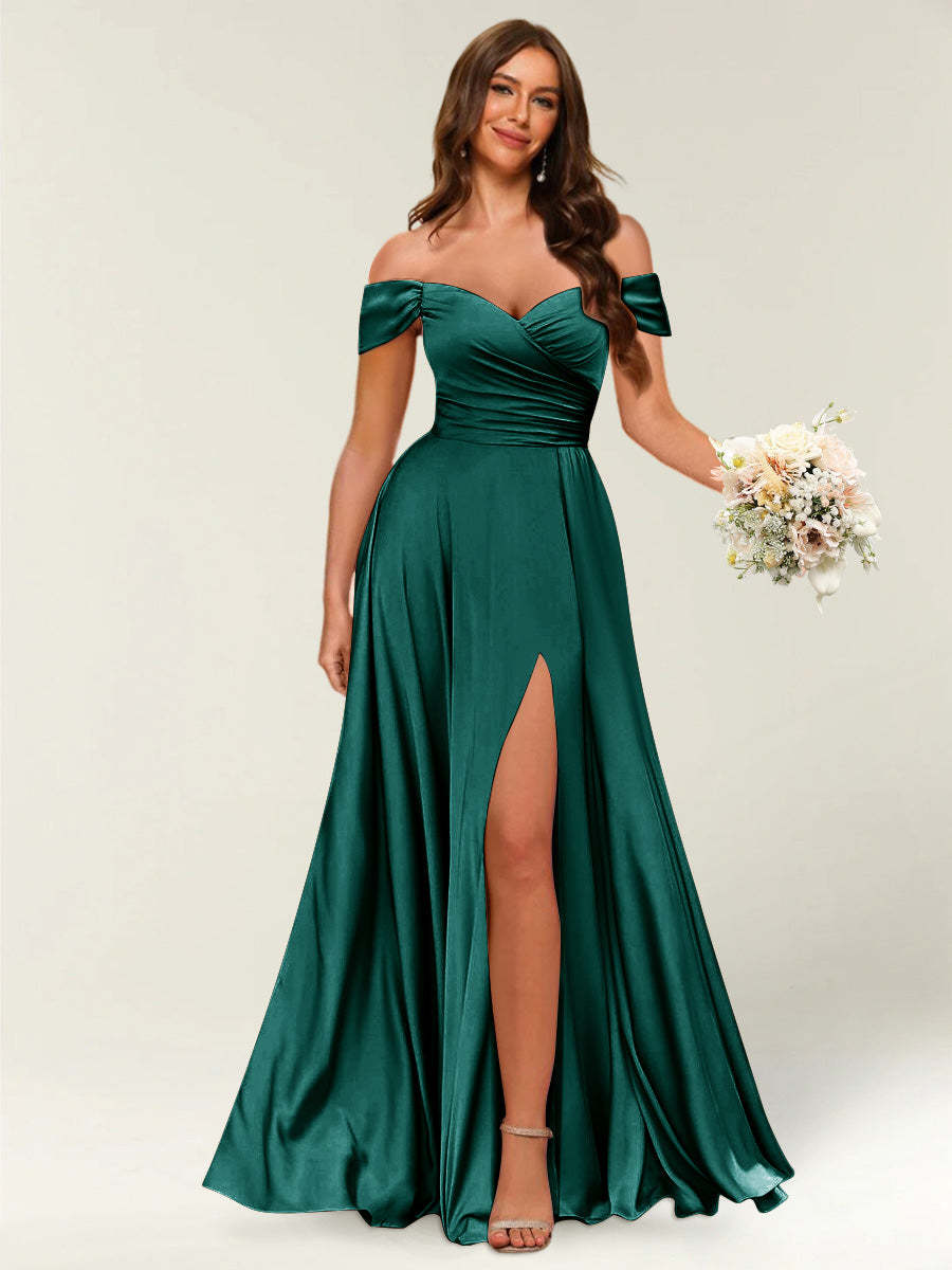 Floor Length Off the Shoulder Long Formal Dresses with Split Side Ruched