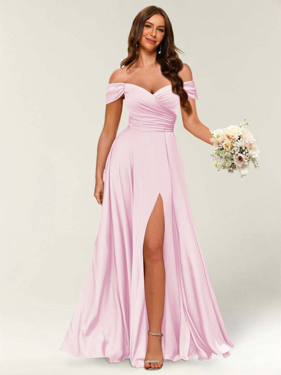 Floor Length Off the Shoulder Long Formal Dresses with Split Side Ruched