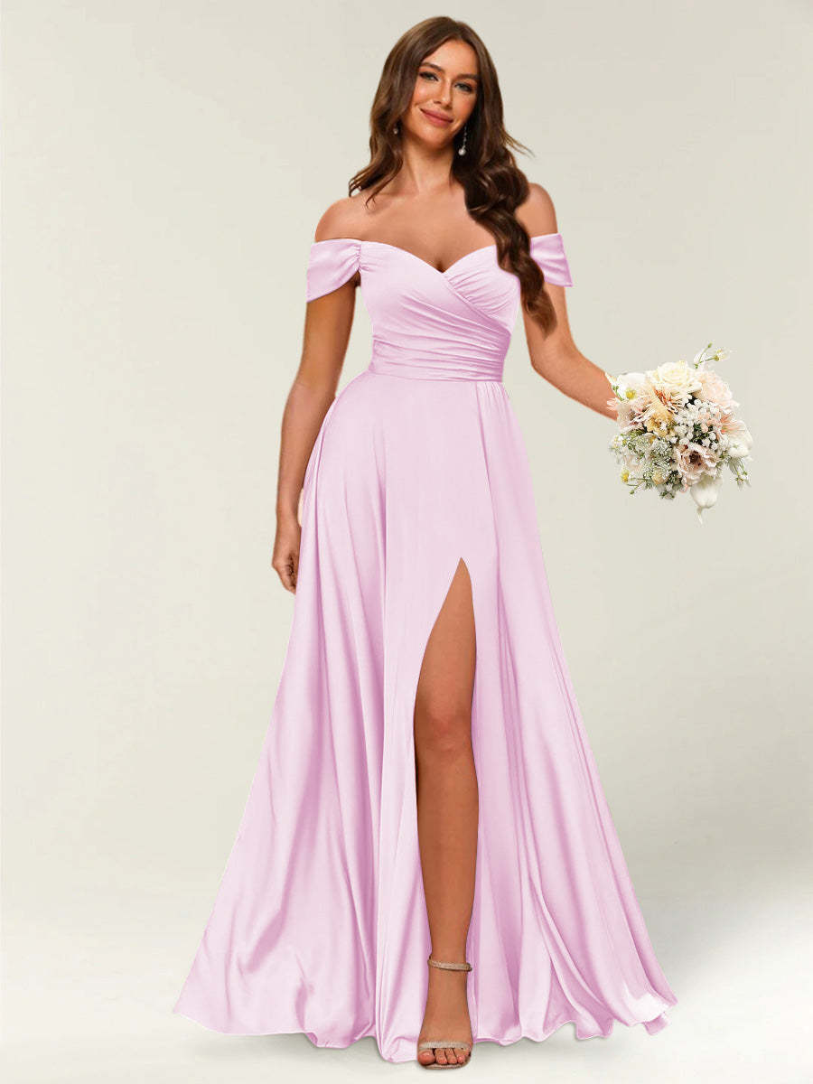 Floor Length Off the Shoulder Long Formal Dresses with Split Side Ruched