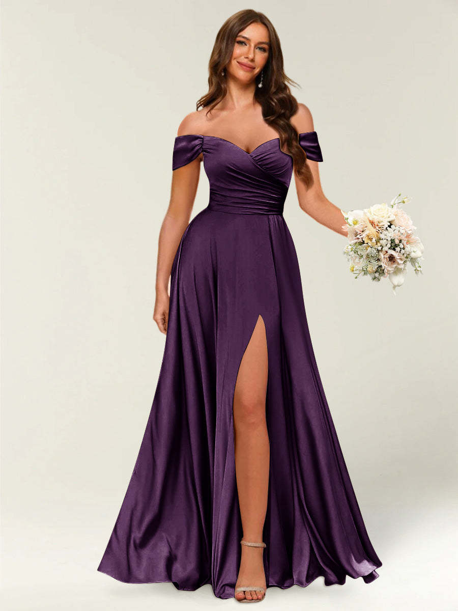 Floor Length Off the Shoulder Long Formal Dresses with Split Side Ruched