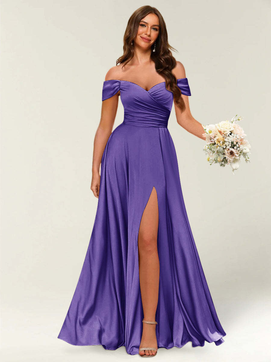 Floor Length Off the Shoulder Long Formal Dresses with Split Side Ruched