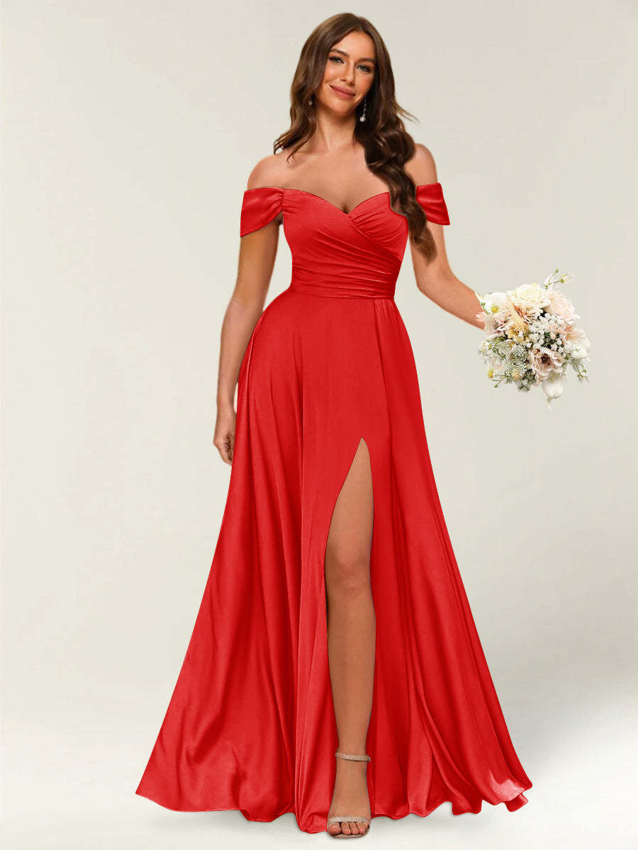 Floor Length Off the Shoulder Long Formal Dresses with Split Side Ruched