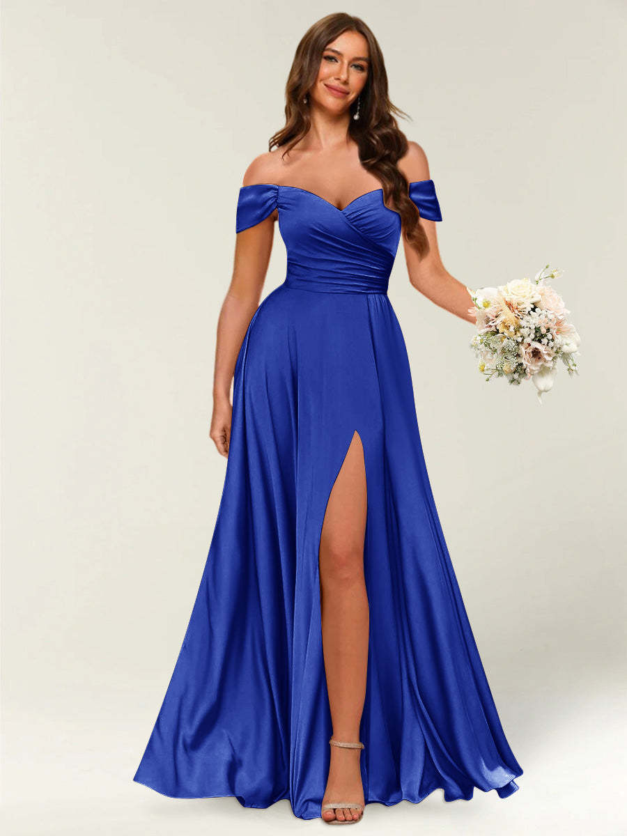 Floor Length Off the Shoulder Long Formal Dresses with Split Side Ruched
