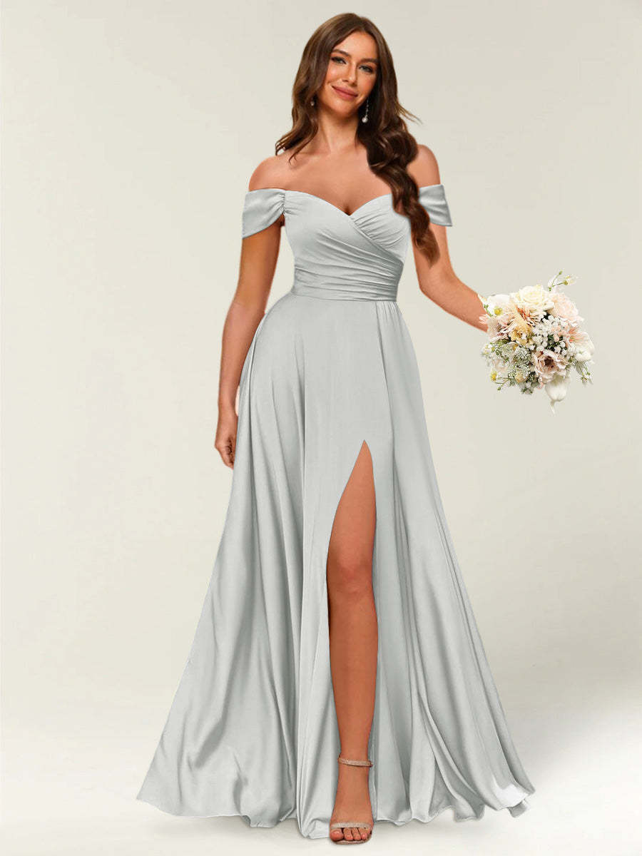 Floor Length Off the Shoulder Long Formal Dresses with Split Side Ruched
