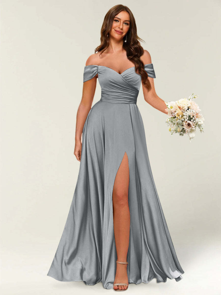Floor Length Off the Shoulder Long Formal Dresses with Split Side Ruched