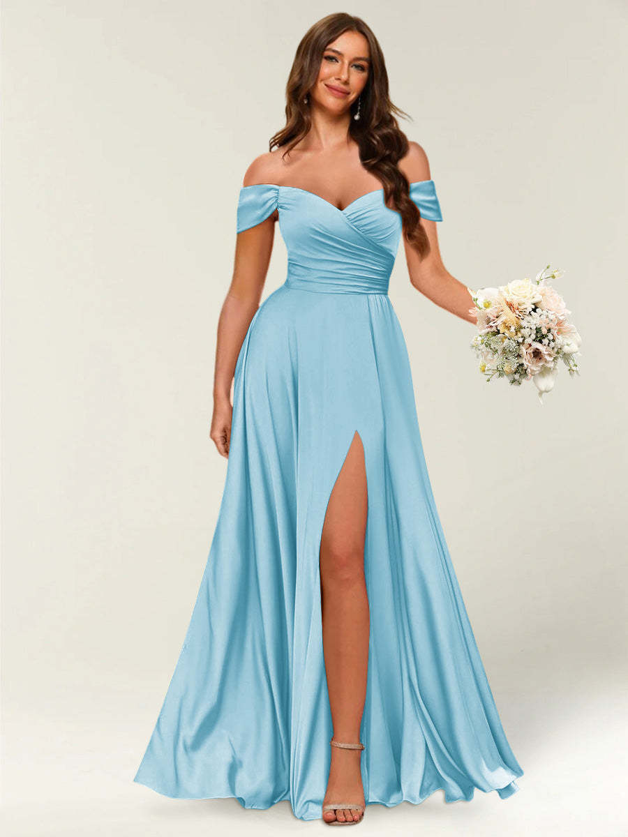 Floor Length Off the Shoulder Long Formal Dresses with Split Side Ruched