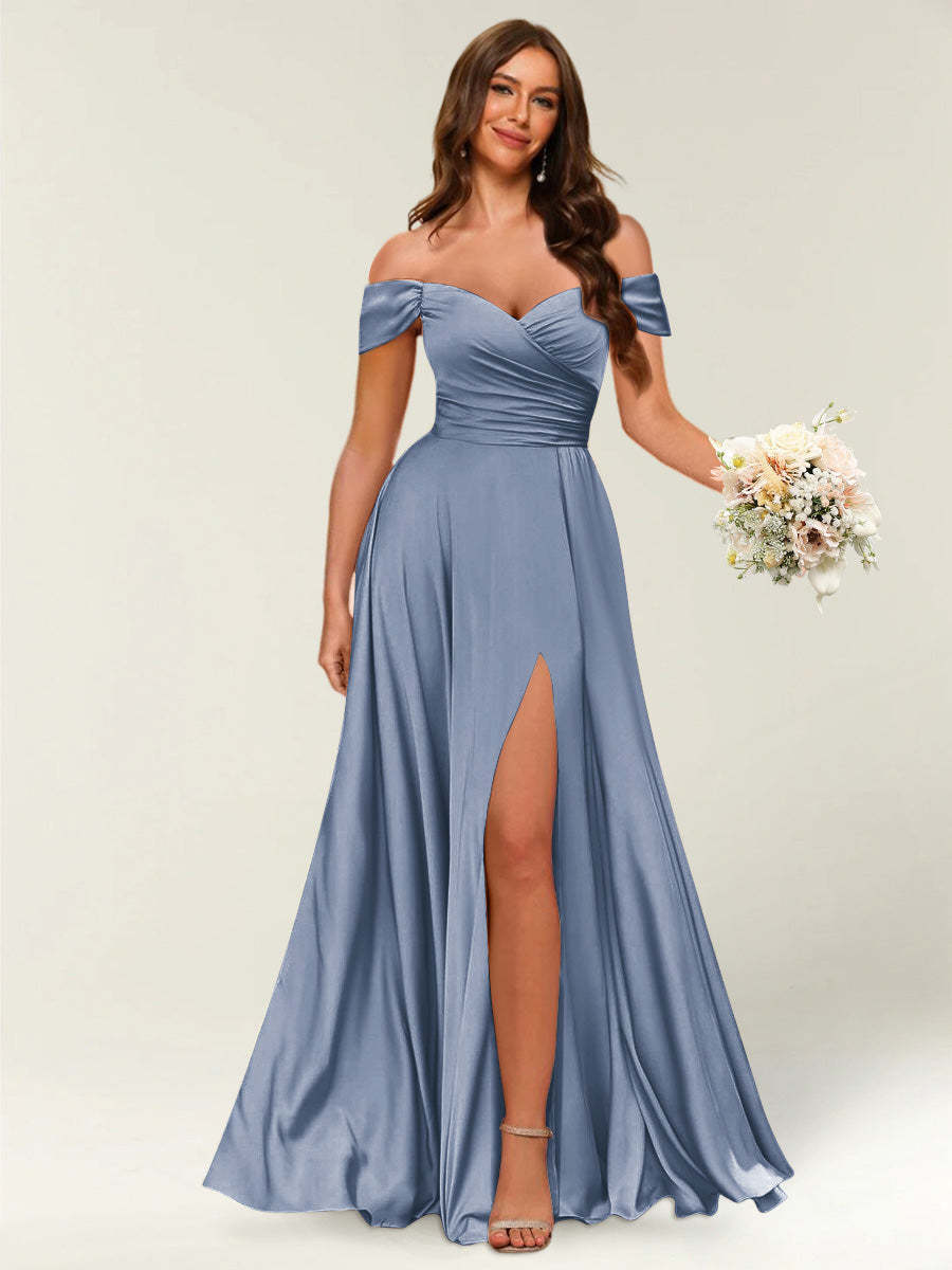 Floor Length Off the Shoulder Long Formal Dresses with Split Side Ruched