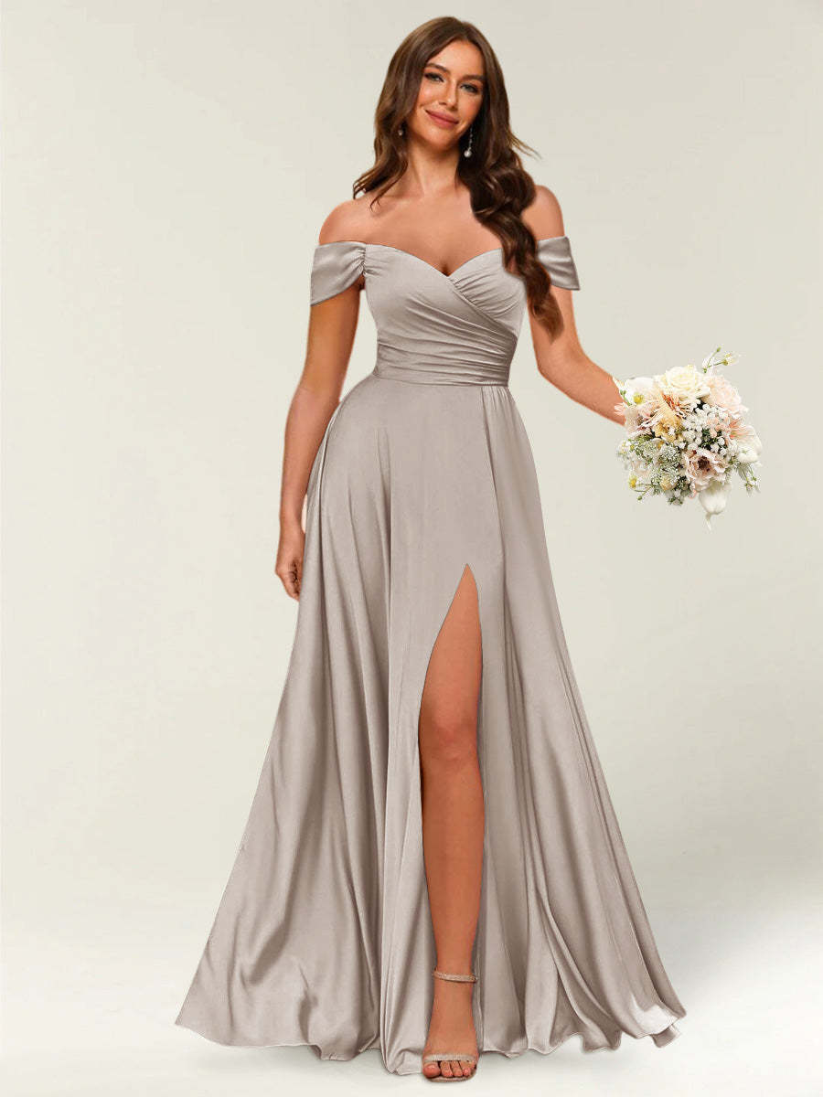 Floor Length Off the Shoulder Long Formal Dresses with Split Side Ruched