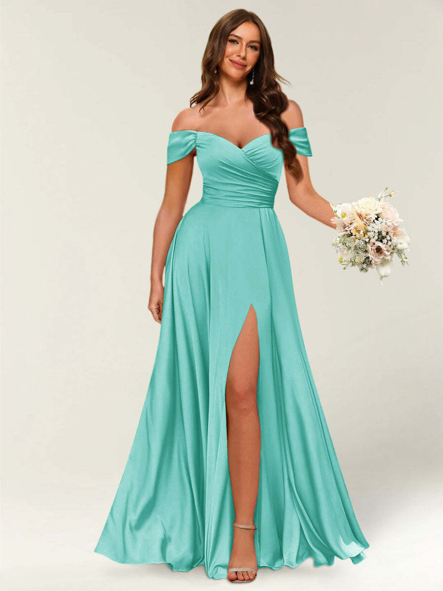 Floor Length Off the Shoulder Long Formal Dresses with Split Side Ruched