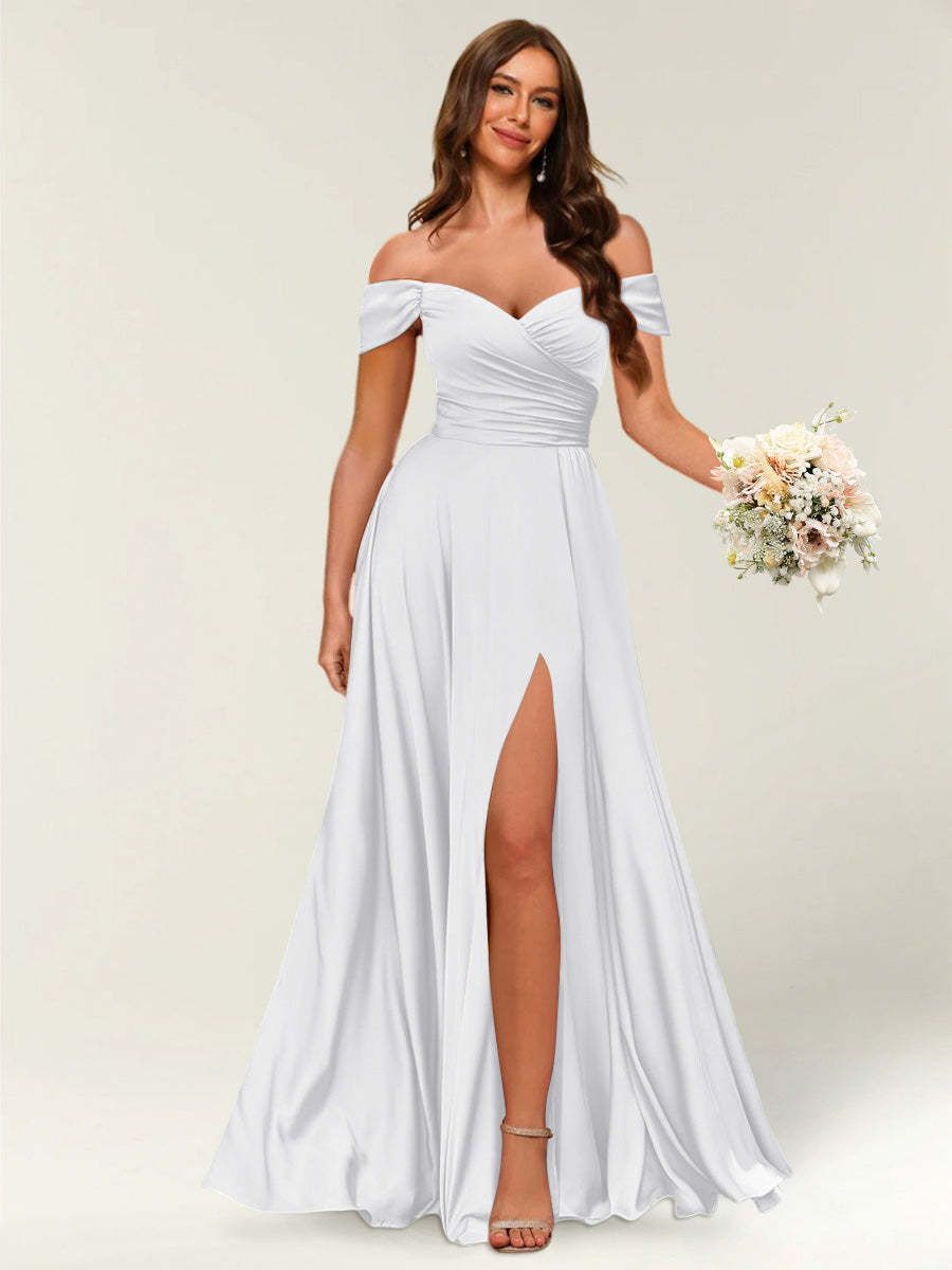 Floor Length Off the Shoulder Long Formal Dresses with Split Side Ruched