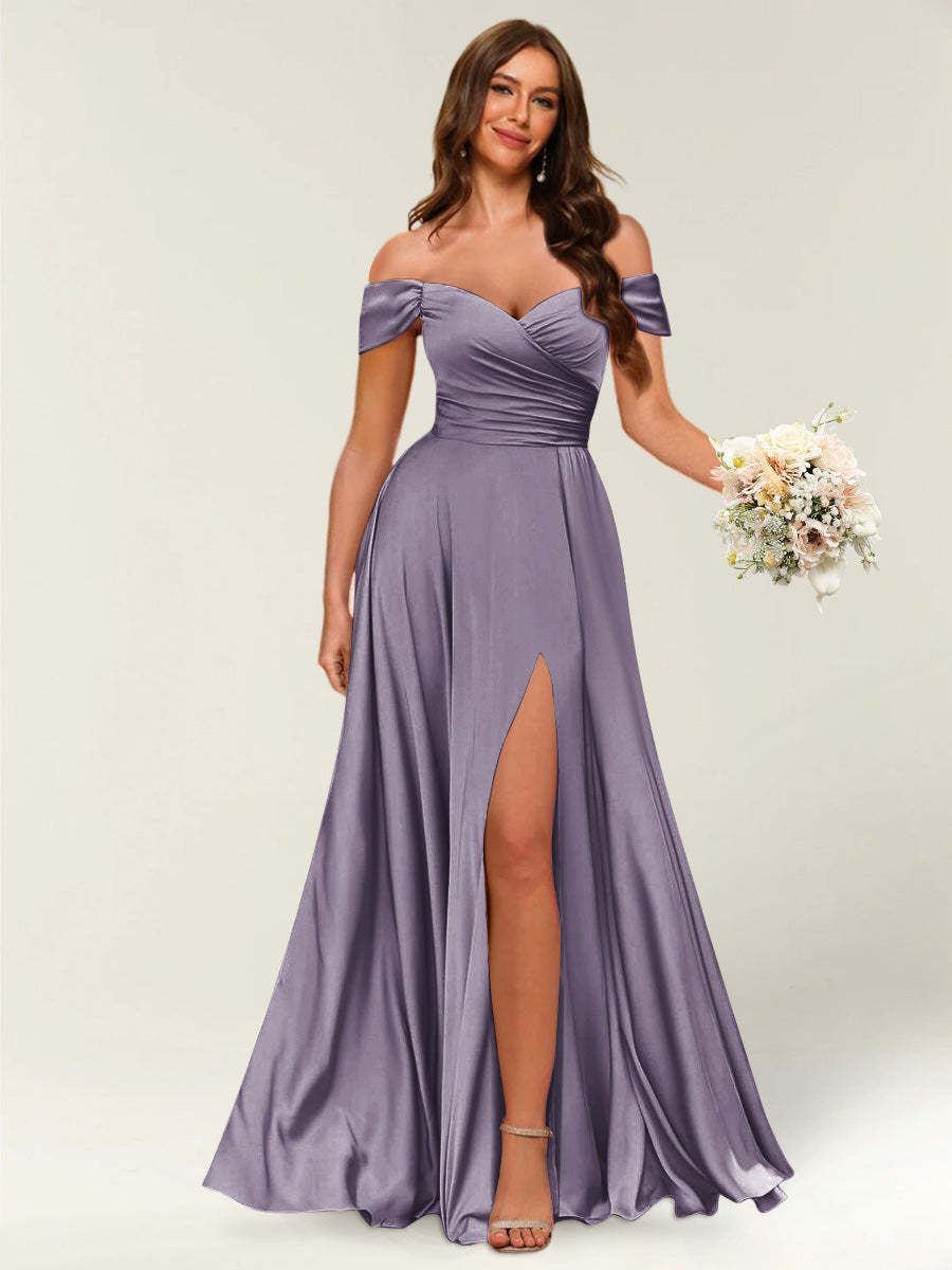 Floor Length Off the Shoulder Long Formal Dresses with Split Side Ruched