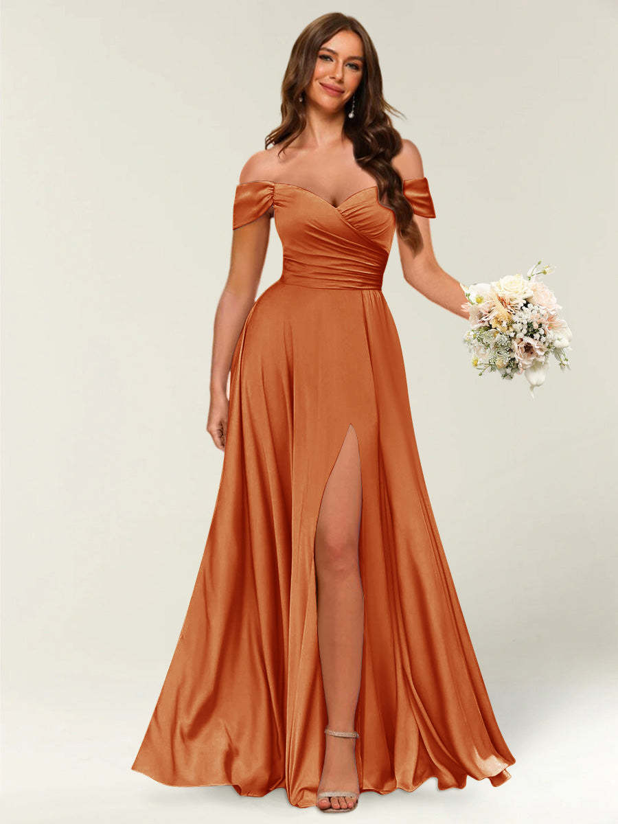 Floor Length Off the Shoulder Long Formal Dresses with Split Side Ruched