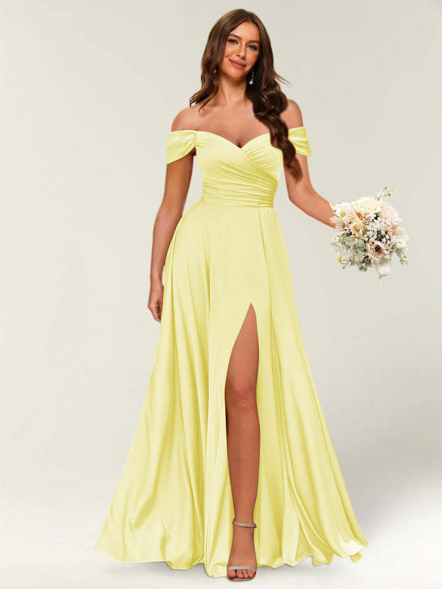 Floor Length Off the Shoulder Long Formal Dresses with Split Side Ruched