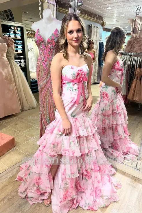 Floral Strapless Mermaid Prom Dress with Chiffon Waist Bow & Tiered Ruffles