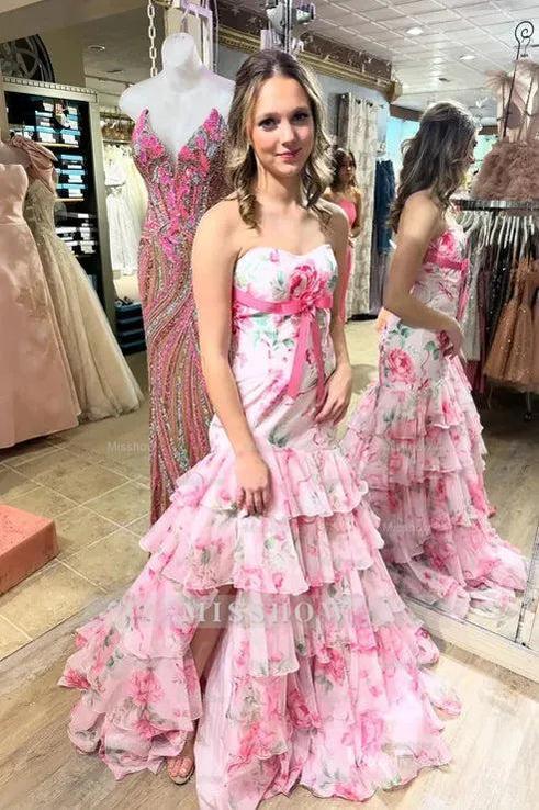 Floral Strapless Mermaid Prom Dress with Chiffon Waist Bow & Tiered Ruffles