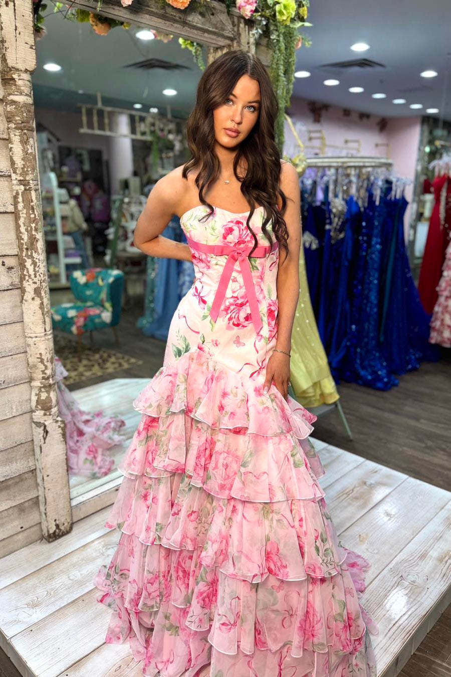 Floral Strapless Mermaid Prom Dress with Chiffon Waist Bow & Tiered Ruffles