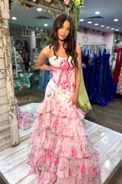 Floral Strapless Mermaid Prom Dress with Chiffon Waist Bow & Tiered Ruffles