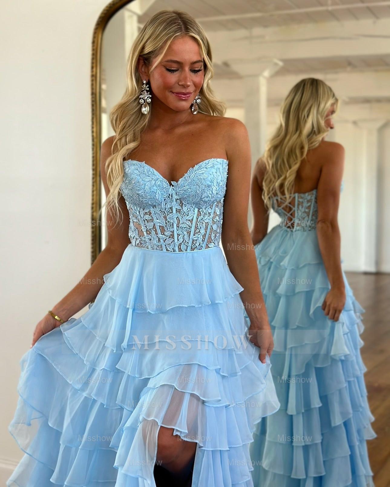 Flowing Blue A-Line Sweetheart Sleeveless Chiffon Prom Dress with Ruffles