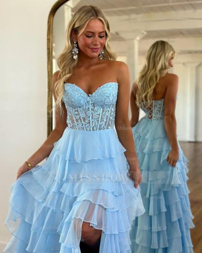 Flowing Blue A-Line Sweetheart Sleeveless Chiffon Prom Dress with Ruffles