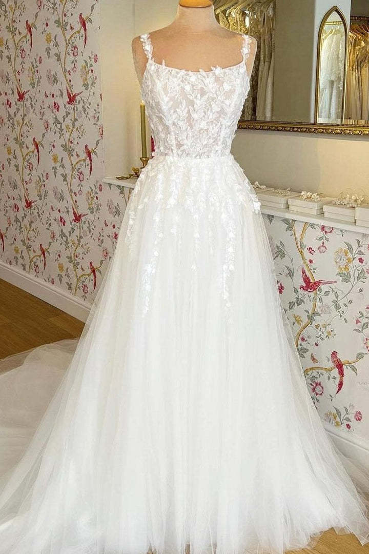 Flowing Ivory A-Line Square-Neck Sleeveless Wedding Dress with Appliques