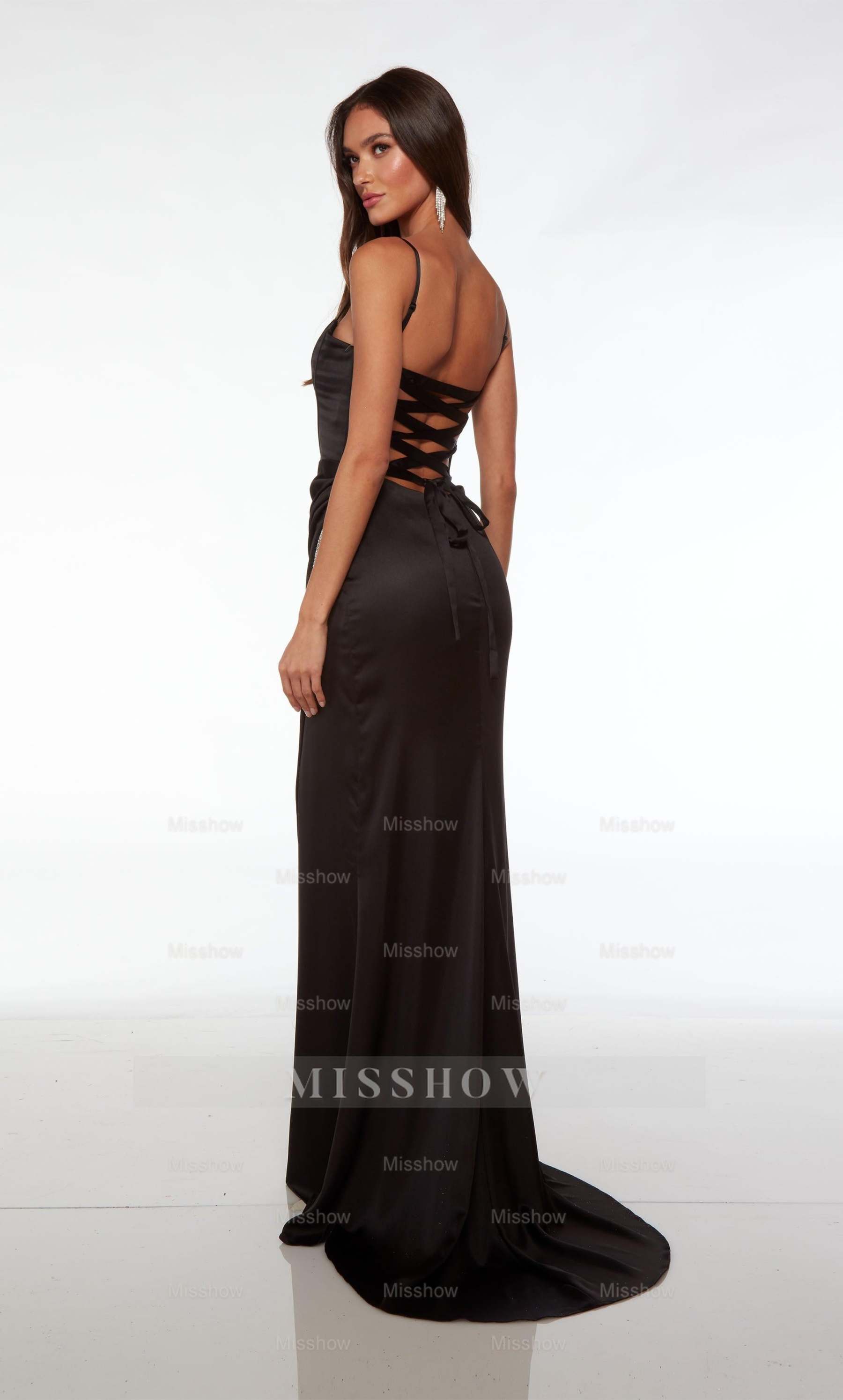 Formal Dress Long Plunging Neckline Straight Spaghetti Strap With High Slit