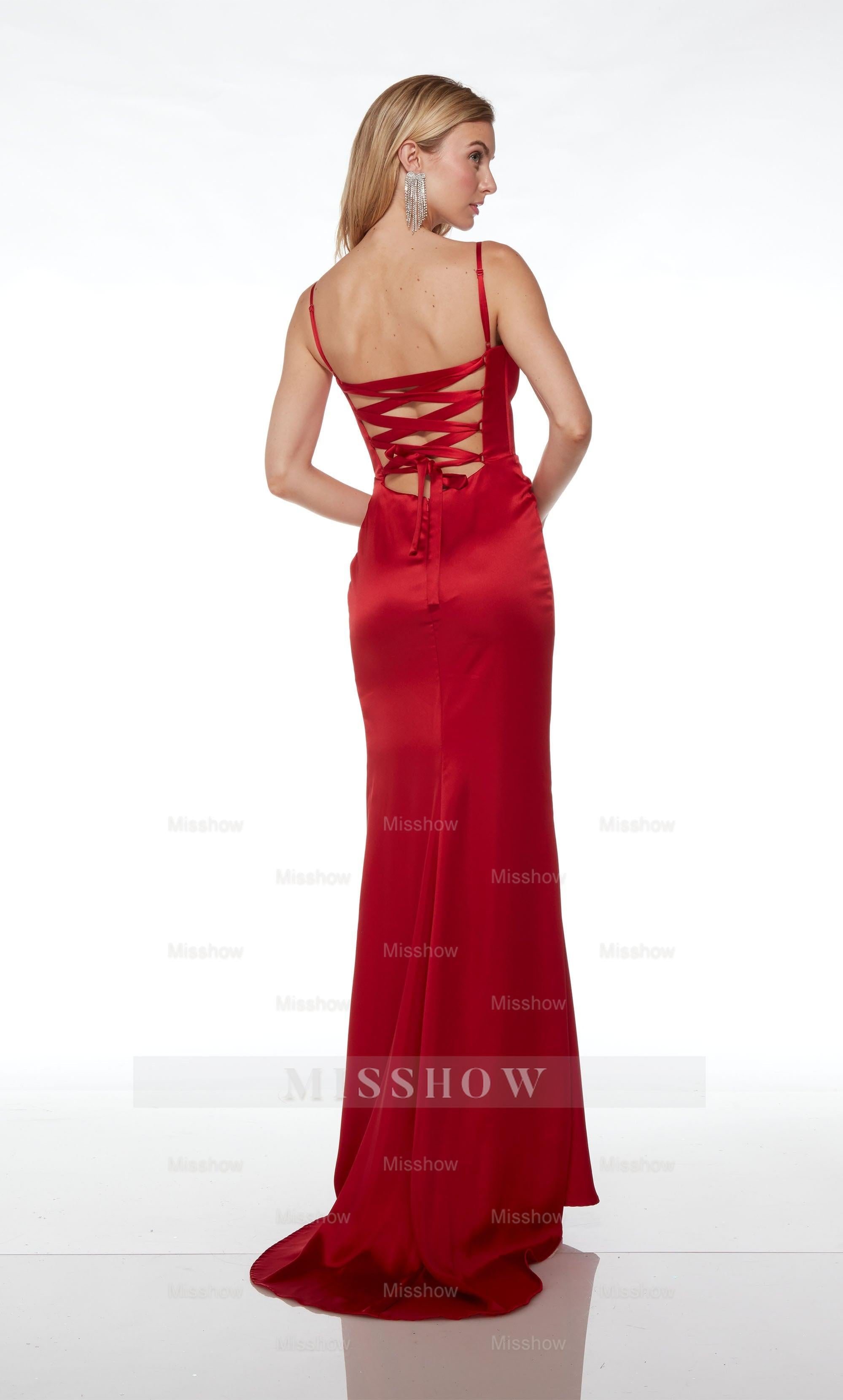 Formal Dress Long Plunging Neckline Straight Spaghetti Strap With High Slit