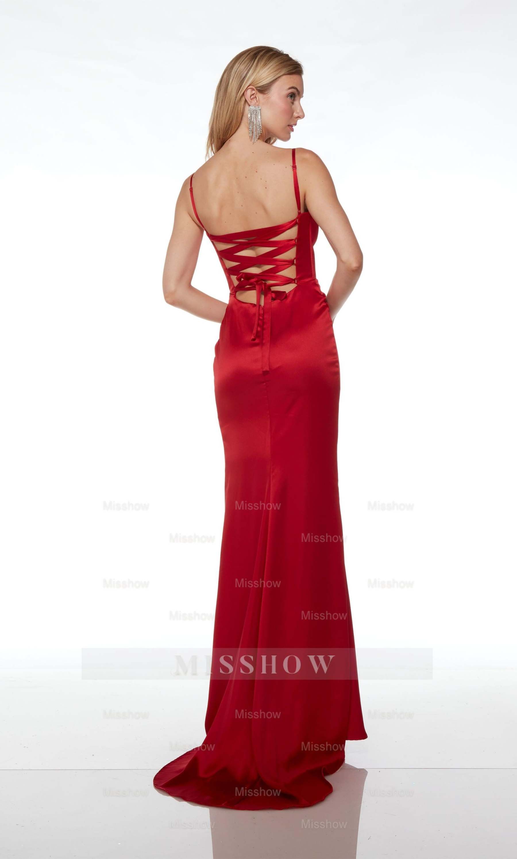 Formal Dress Long Plunging Neckline Straight Spaghetti Strap With High Slit