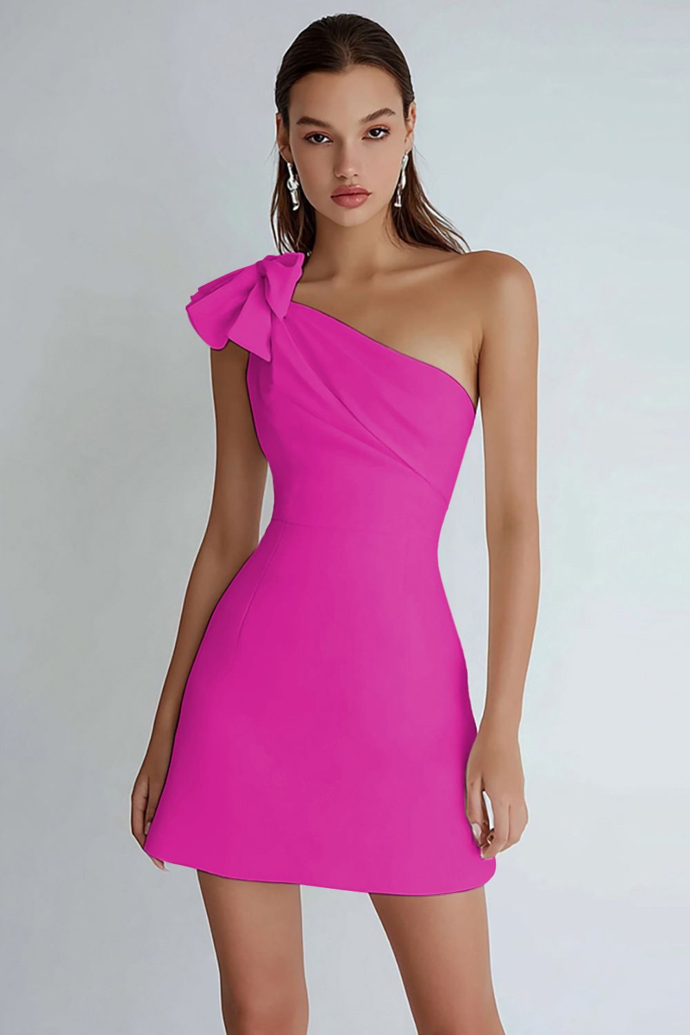 Ivory Satin A Line One Shoulder Short Cocktail Dress With Bow