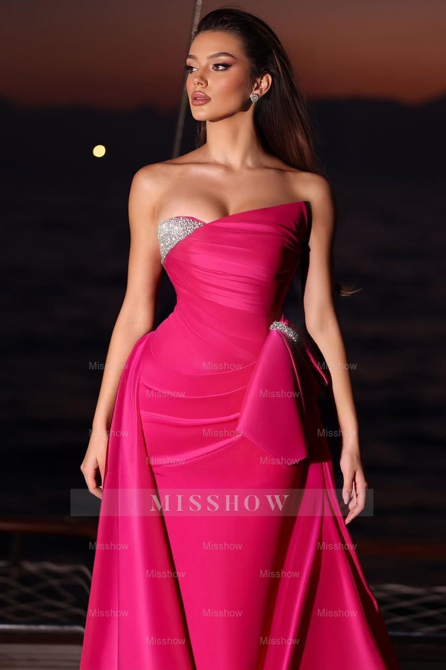 Fuchsia Sleeveless Strapless Long Formal Dress With Pleated Beading