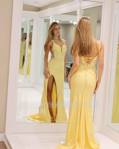 Funky Daffodil V-Neck Sleeveless Mermaid Prom Dress with Sequins and Slit