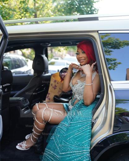 Funky Jade V-Neck Sleeveless High-Low Prom Dress with Rhinestones