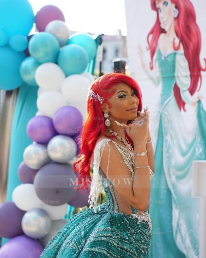 Funky Jade V-Neck Sleeveless High-Low Prom Dress with Rhinestones