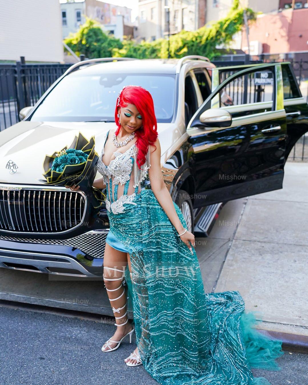 Funky Jade V-Neck Sleeveless High-Low Prom Dress with Rhinestones