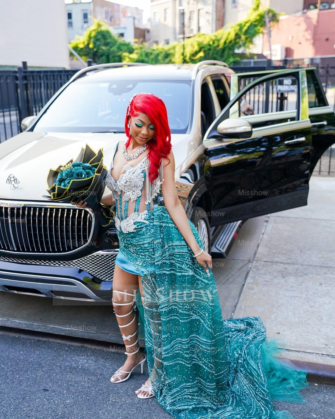 Funky Jade V-Neck Sleeveless High-Low Prom Dress with Rhinestones