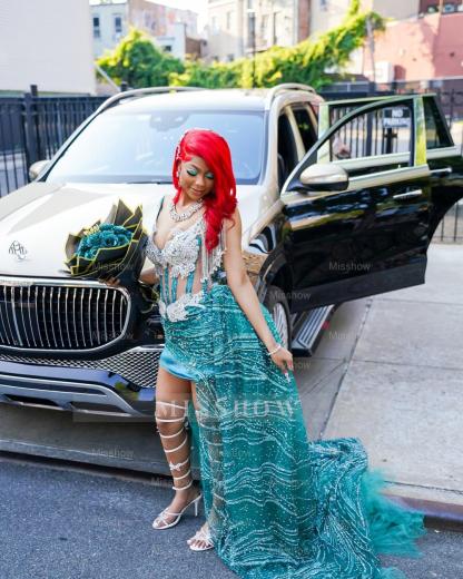 Funky Jade V-Neck Sleeveless High-Low Prom Dress with Rhinestones