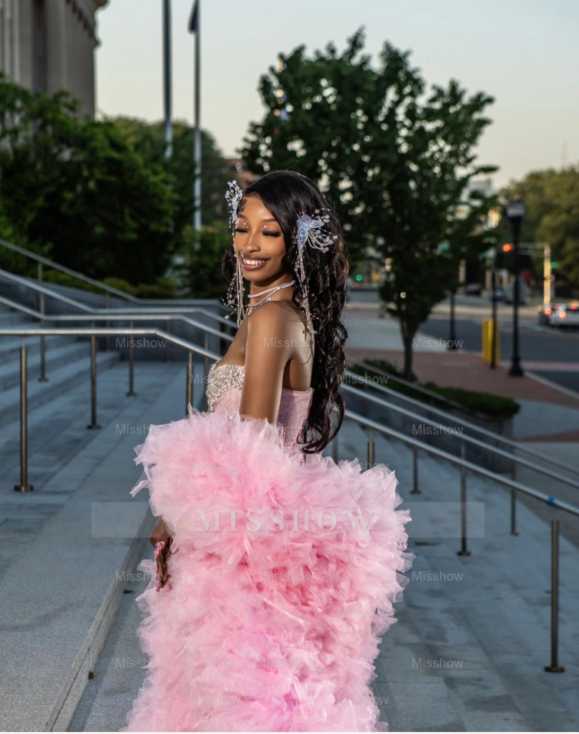 Girly Long Pink Sweetheart Sleeveless Mermaid Sequined Prom Dress with Rhinestones and Detachable Train