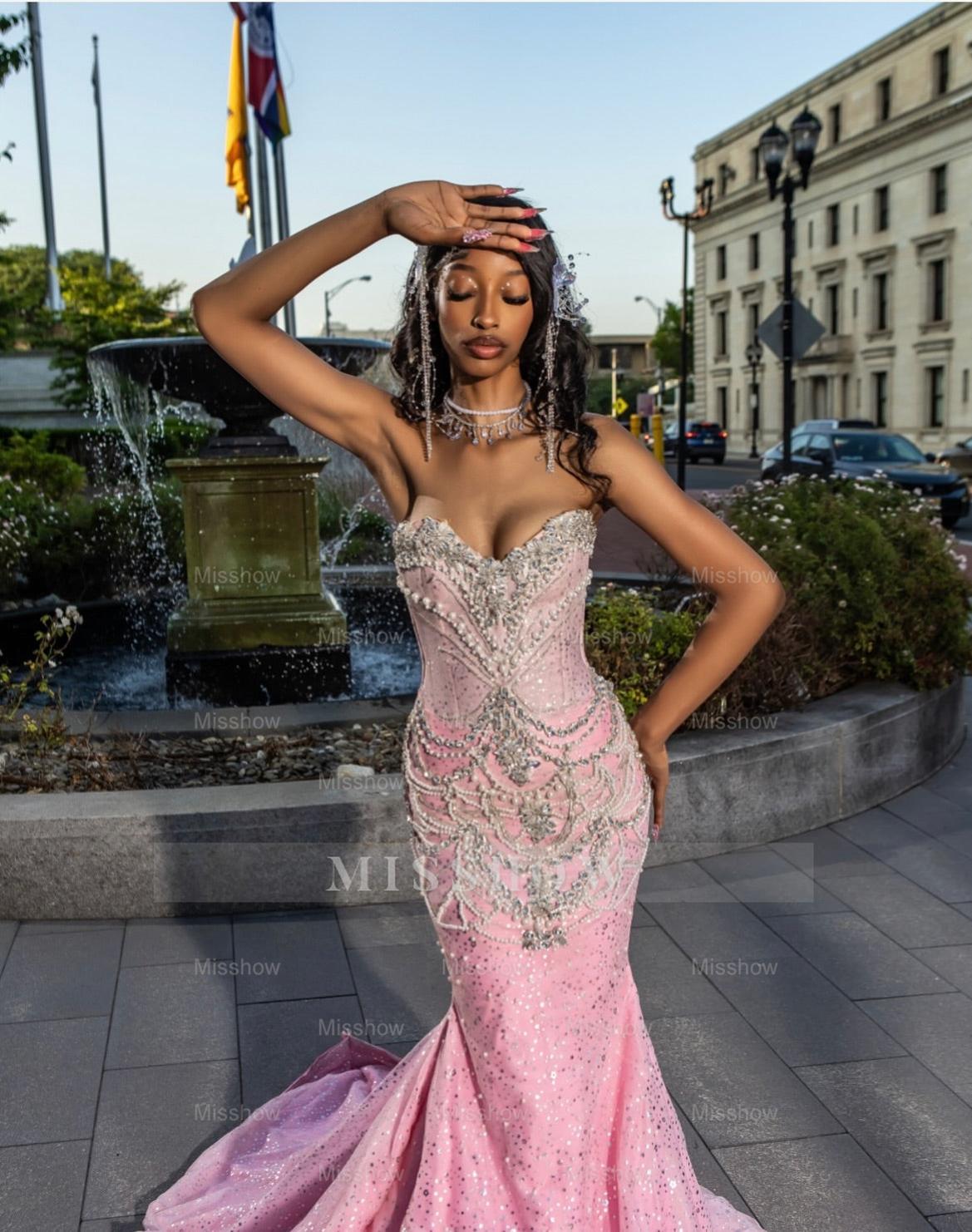 Girly Long Pink Sweetheart Sleeveless Mermaid Sequined Prom Dress with Rhinestones and Detachable Train