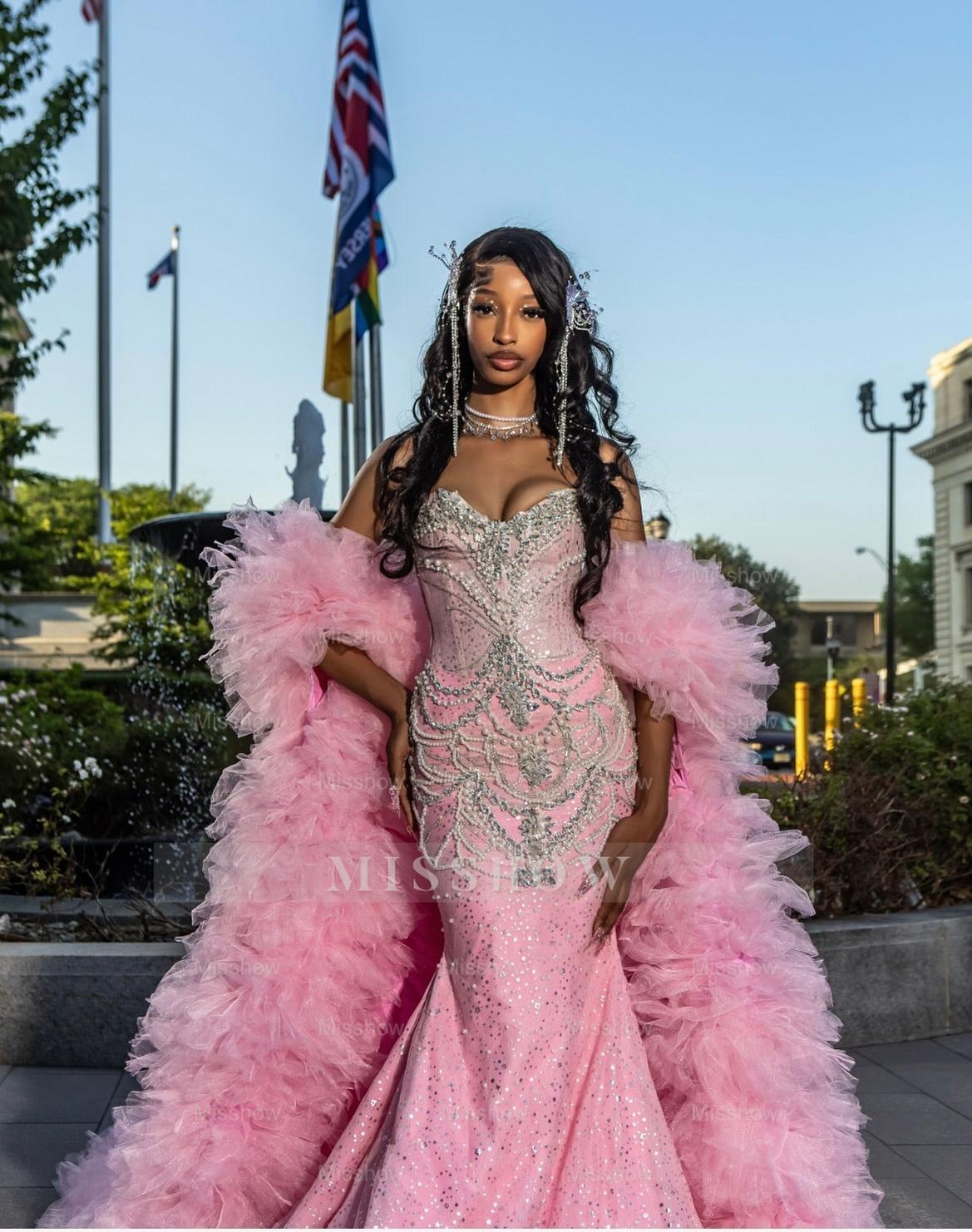 Girly Long Pink Sweetheart Sleeveless Mermaid Sequined Prom Dress with Rhinestones and Detachable Train