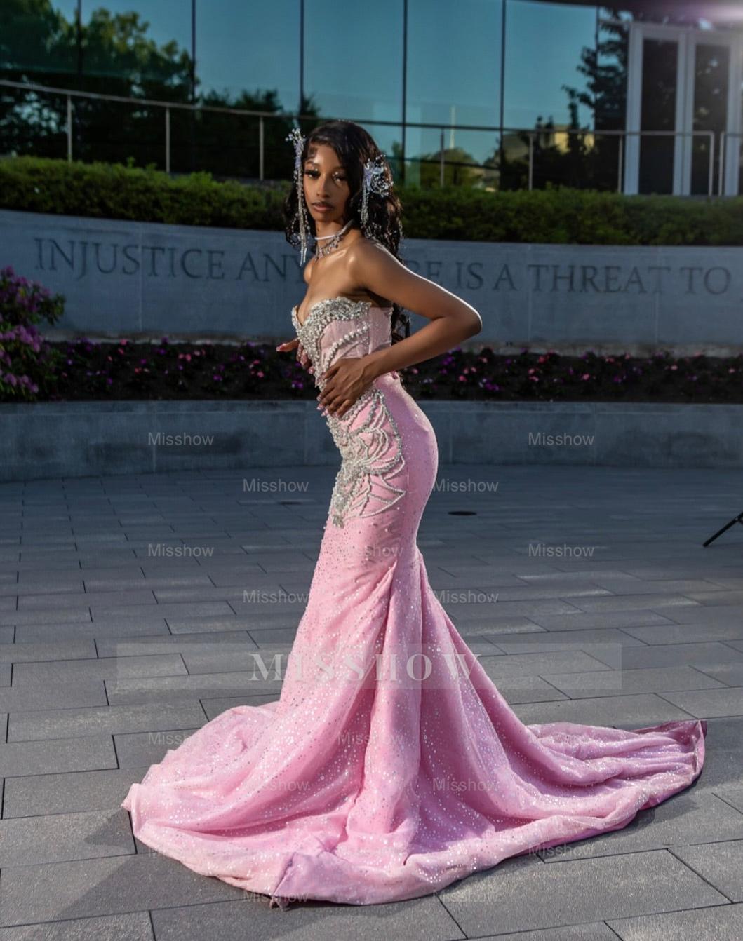 Girly Long Pink Sweetheart Sleeveless Mermaid Sequined Prom Dress with Rhinestones and Detachable Train