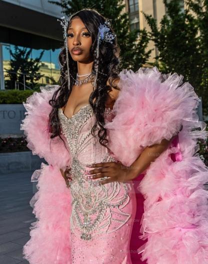 Girly Long Pink Sweetheart Sleeveless Mermaid Sequined Prom Dress with Rhinestones and Detachable Train