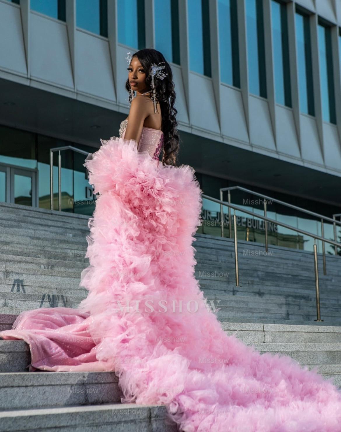 Girly Long Pink Sweetheart Sleeveless Mermaid Sequined Prom Dress with Rhinestones and Detachable Train