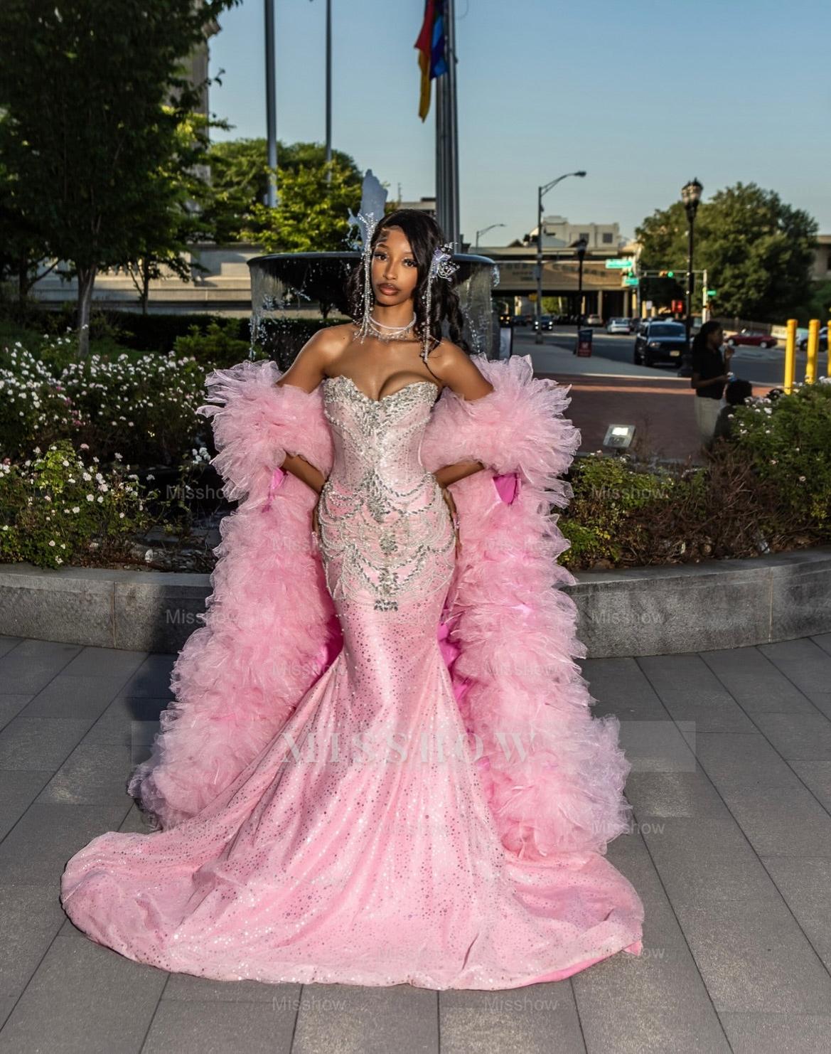 Girly Long Pink Sweetheart Sleeveless Mermaid Sequined Prom Dress with Rhinestones and Detachable Train