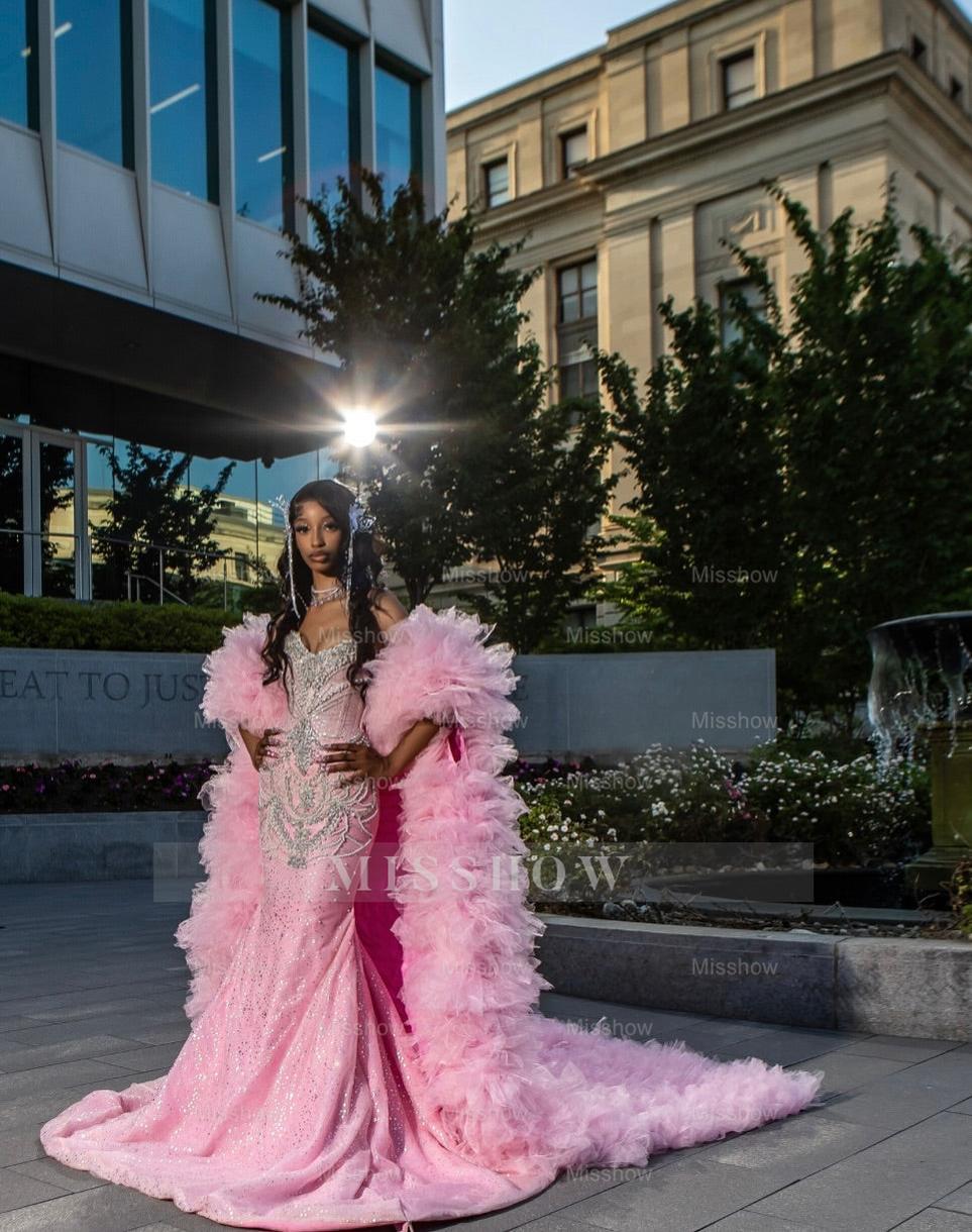 Girly Long Pink Sweetheart Sleeveless Mermaid Sequined Prom Dress with Rhinestones and Detachable Train